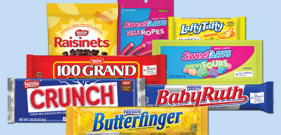 A picture of Nestle's candy: a Baby Ruth, Butterfinger, Crunch, 100 Grand, Raisinets, Sweet Tarts, and Laffy Taffy.
