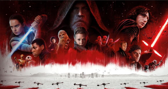 Ad for "Star Wars: The Last Jedi" showing numerous characters, some with light sabers.