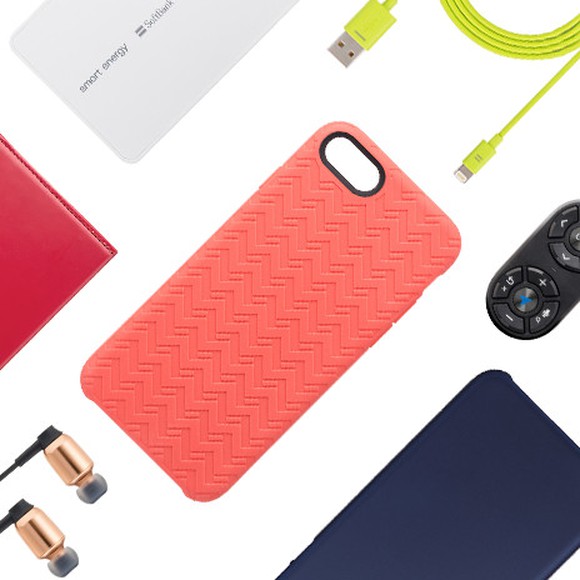 Various smartphone accessories, like cases, chargers, and earbuds available for purchase by Softbank customers.