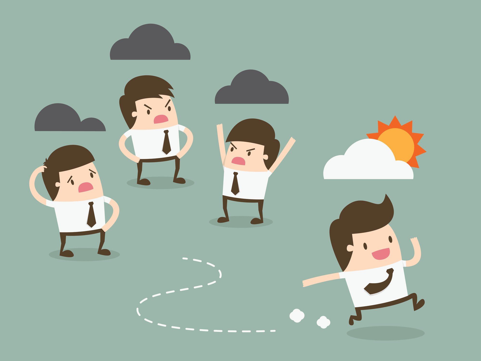An illustration shows three angry people with storm clouds over their heads, and one person happily running away from their argument, with the sun peeking out from behind a white cloud over his head.