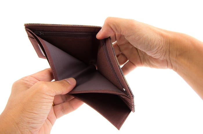 Two hands open a wallet to reveal it's empty.