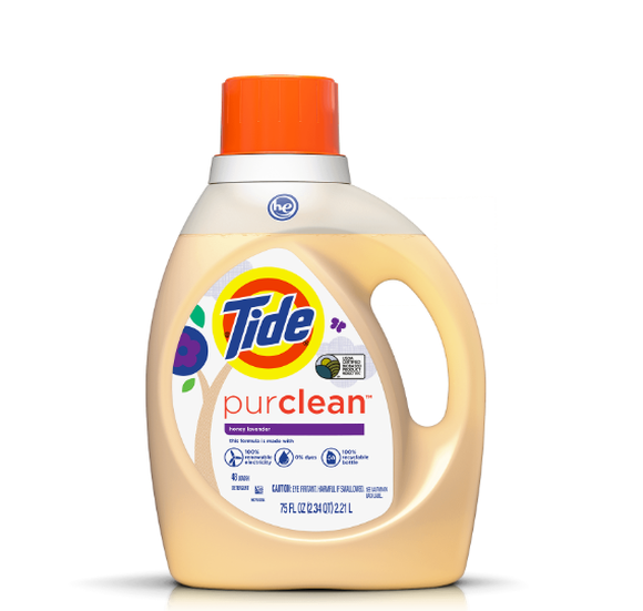 Bottle of Tide Purclean with cream colored package and iconic red Tide cap.