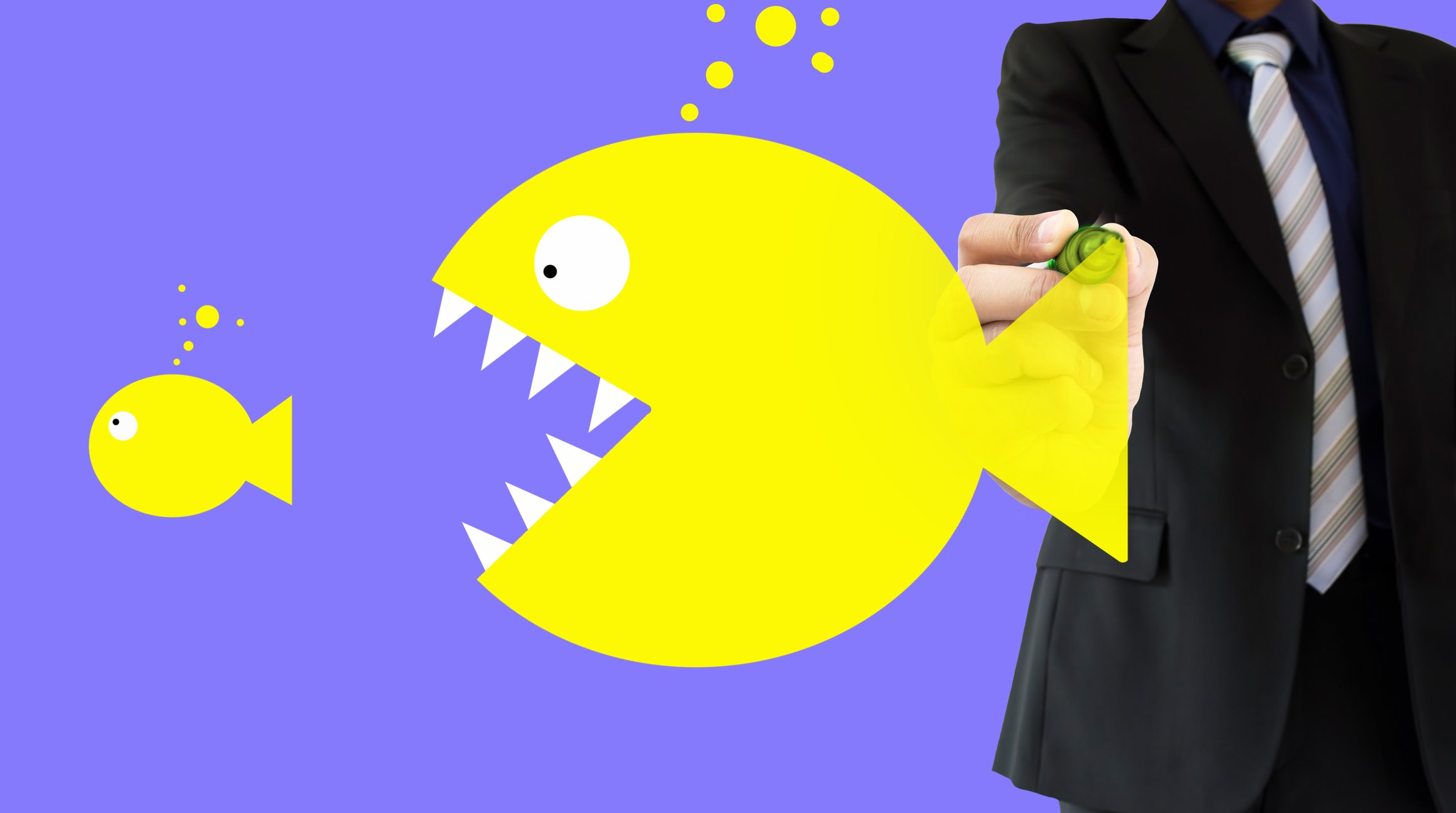 Man drawing big fish about to eat little fish