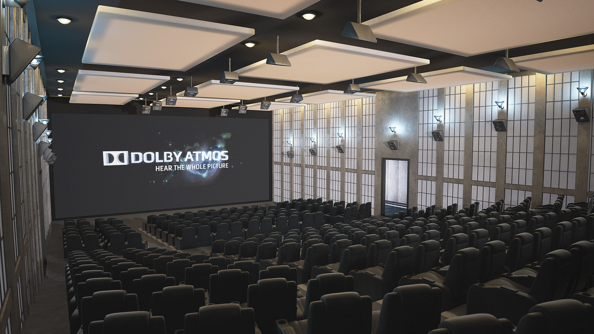 Empty Dolby Atmos theater with all lights on, speakers neatly lined up on ceiling and walls