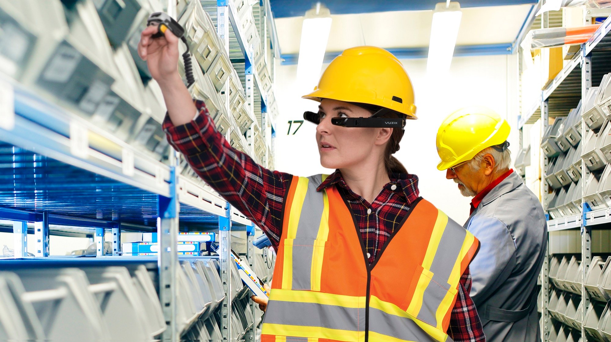 Warehouse worker wearing Vuzix smart glasses