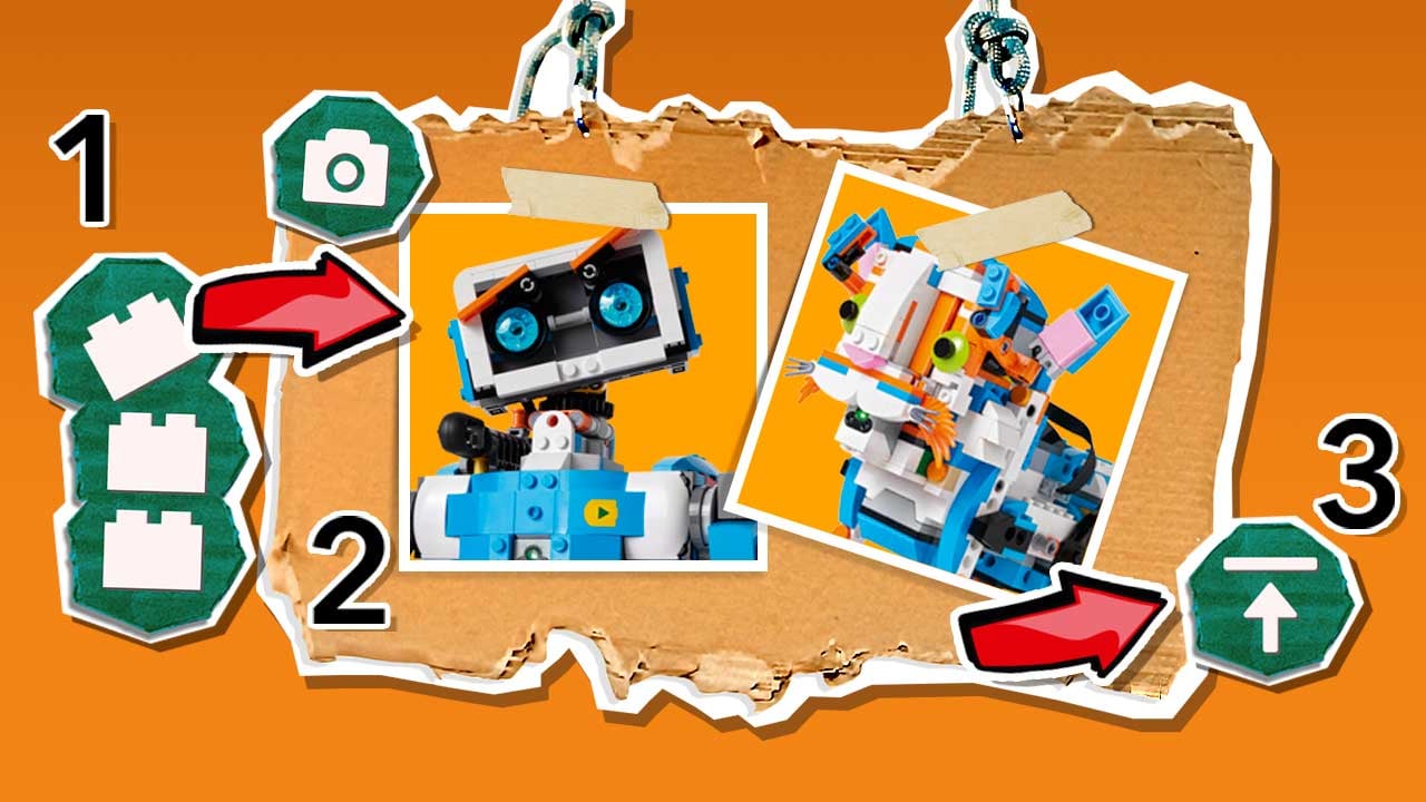 An artist's depiction of LEGO BOOST. Kids build LEGO designs, take pictures, and upload the designs online to bring their creations to life.