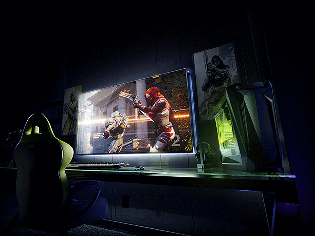 A desktop PC on a table with a large flat screen monitor displaying a video game.