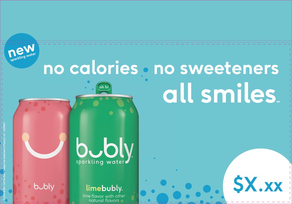 Advertisement for new brand Bubly with two green and pink cans and the U in the name looks like a smile. 