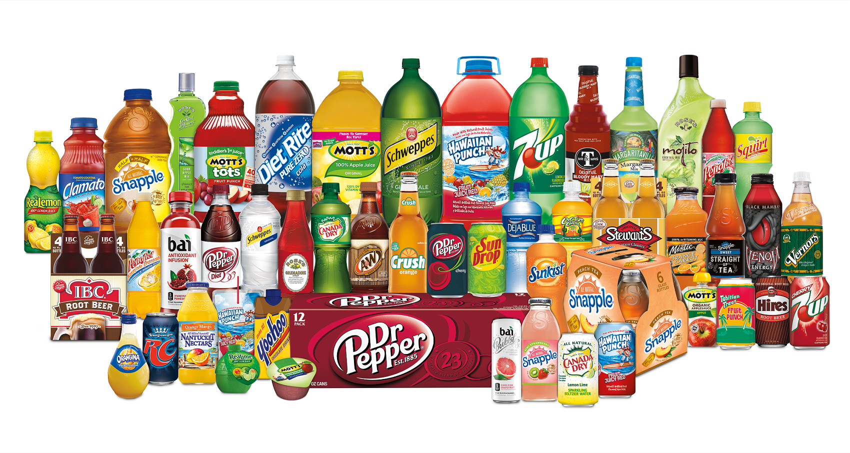 Dozens of Dr. Pepper Snapple Group beverage products 