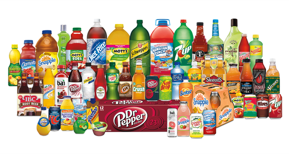 Dozens of Dr. Pepper Snapple Group beverage products 