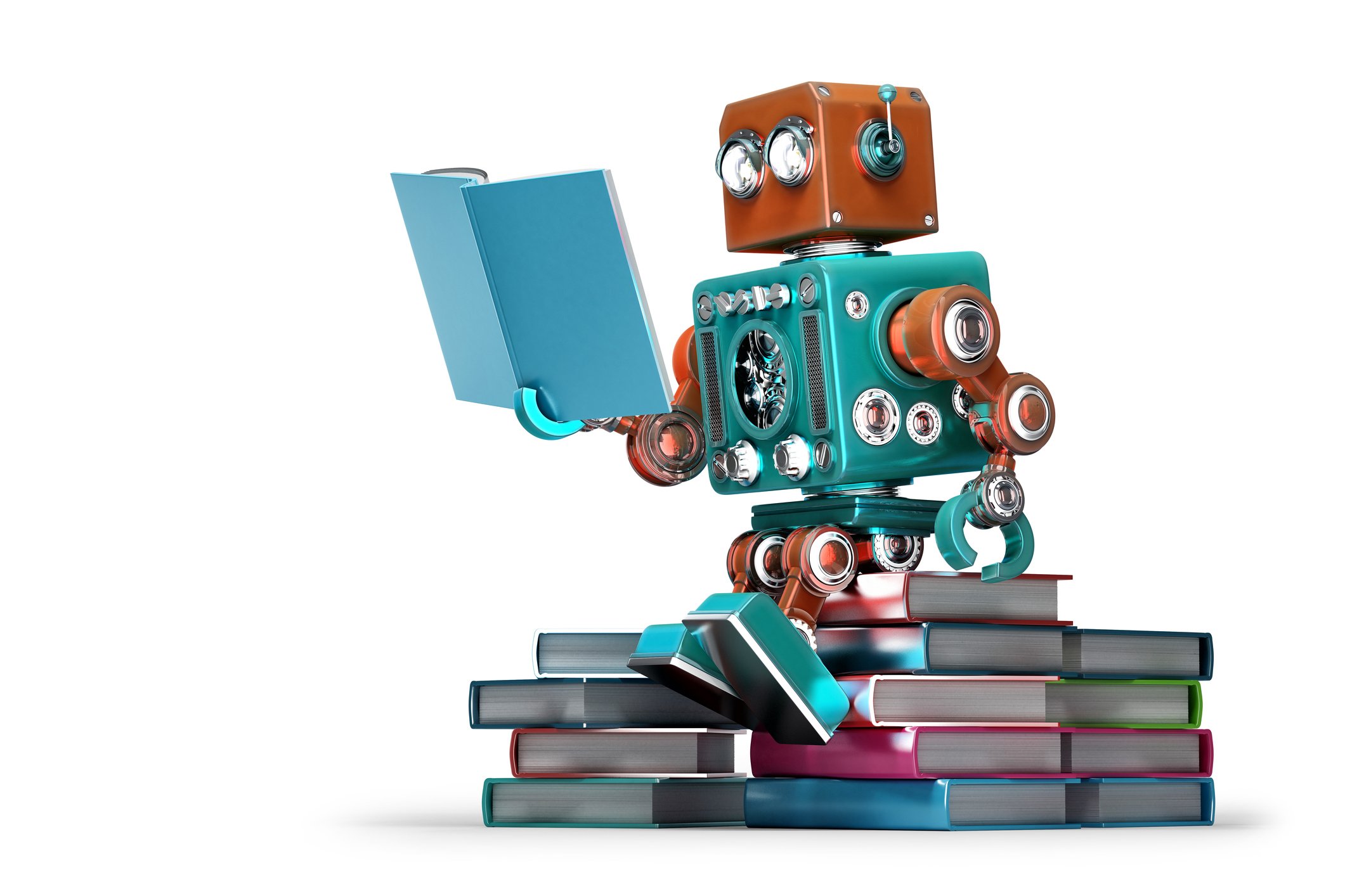 Toy robot sitting on pile of books reading.