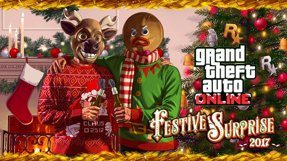 Grand Theft Auto Online graphic art depicting two game characters dressed in holiday attire sitting by a Christmas tree and fireplace.