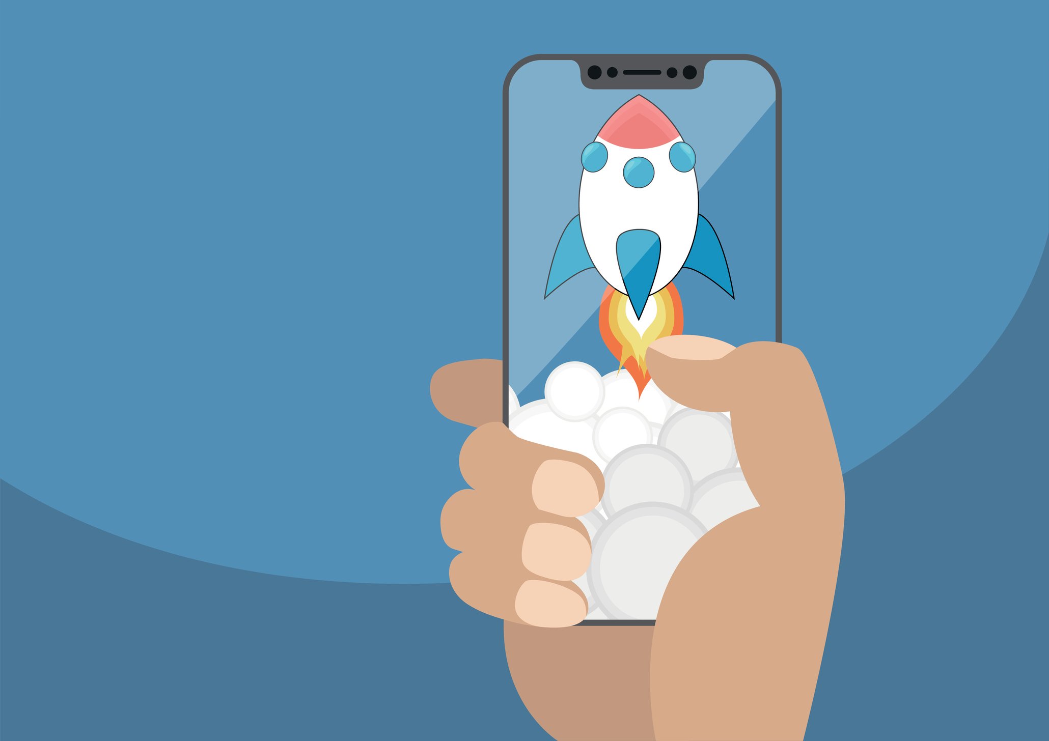 A hand holding a smartphone displaying a cartoon rocket ship taking off.