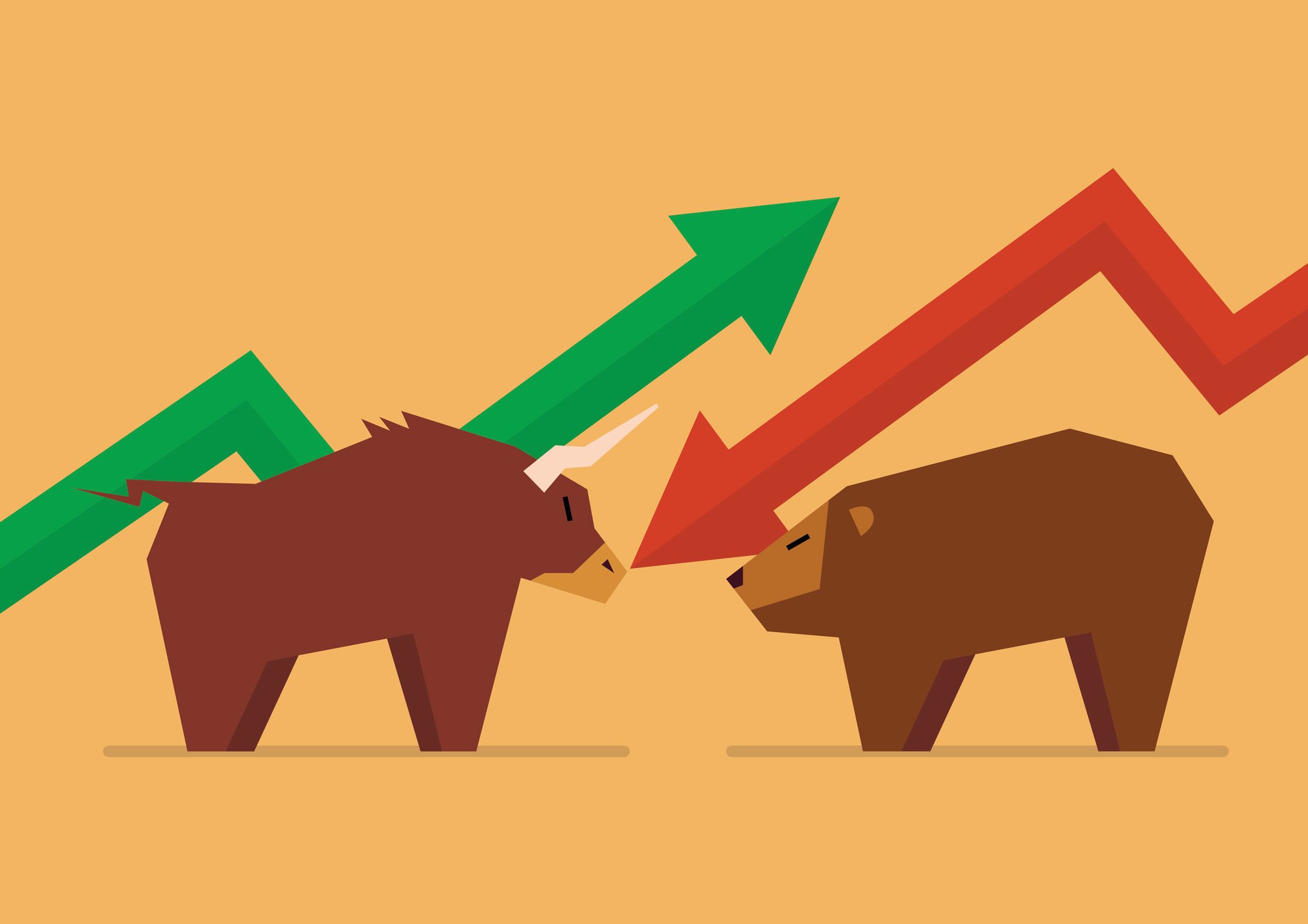 A bull and a bear with corresponding stock chart arrows behind them.
