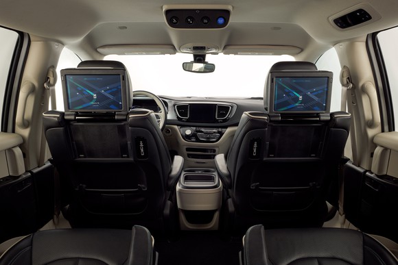 The interior of Waymo's Pacifica minivan, viewed from the back seat, showing touchscreens positioned for the passengers' use. 