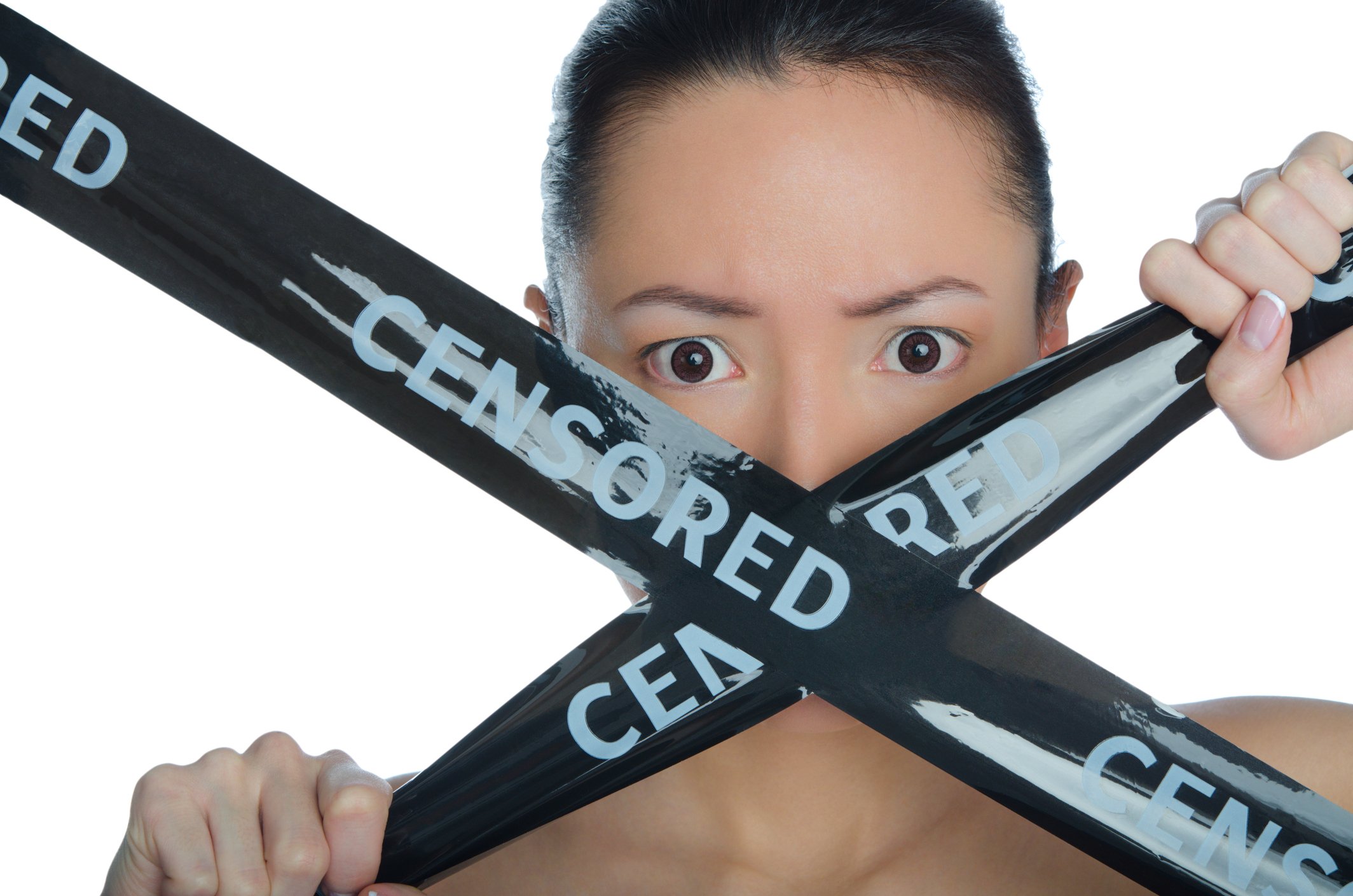 A woman's mouth is masked with "censored" tape.