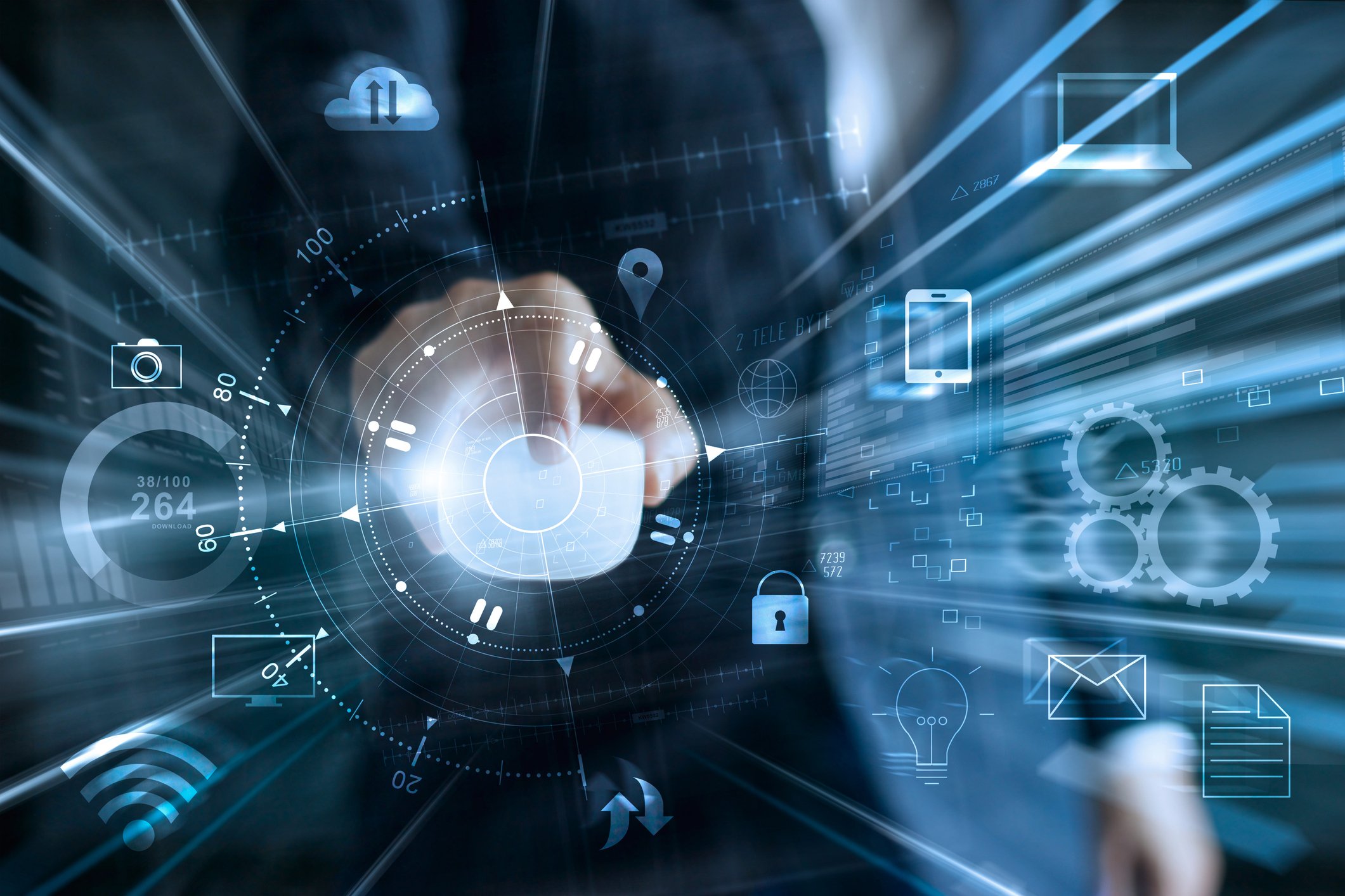 Person tapping a screen with technology icons around them.