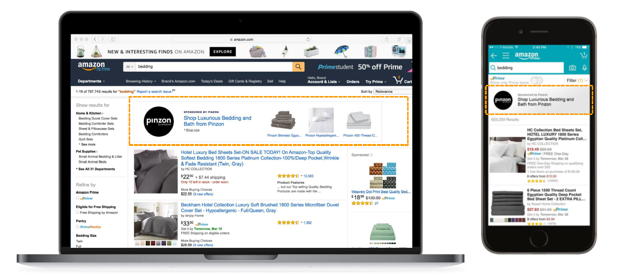 Screenshots showing the placement of Amazon sponsored listings.