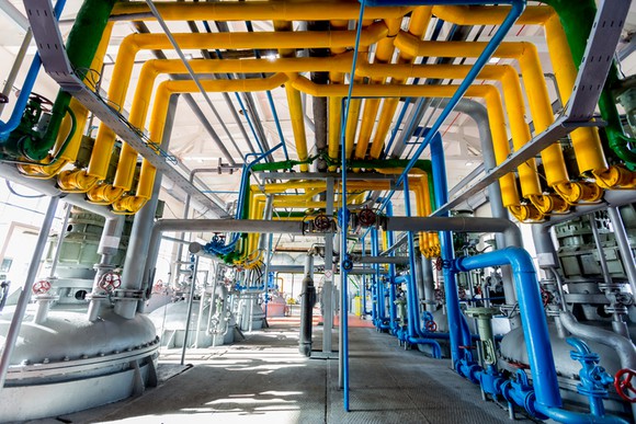 A series of pipes in a petrochemical manufacturing facility.