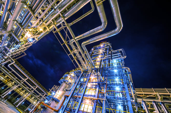 Oil refinery at night.