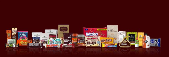 A selection of products in the Hershey brand portfolio including Reese's and Twizzlers