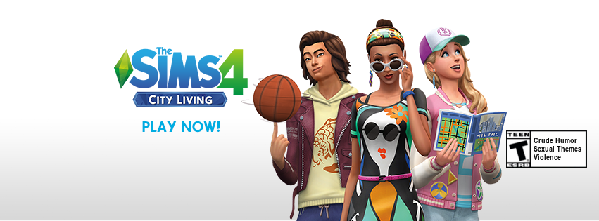 A Sims 4 logo and three characters.