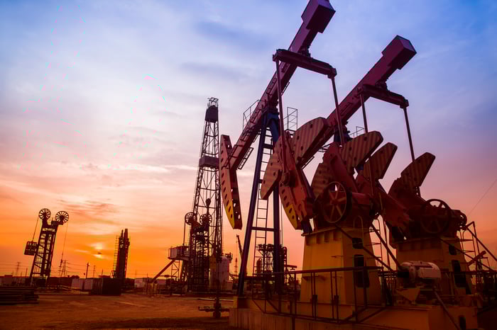An oil pumping unit in the evening.