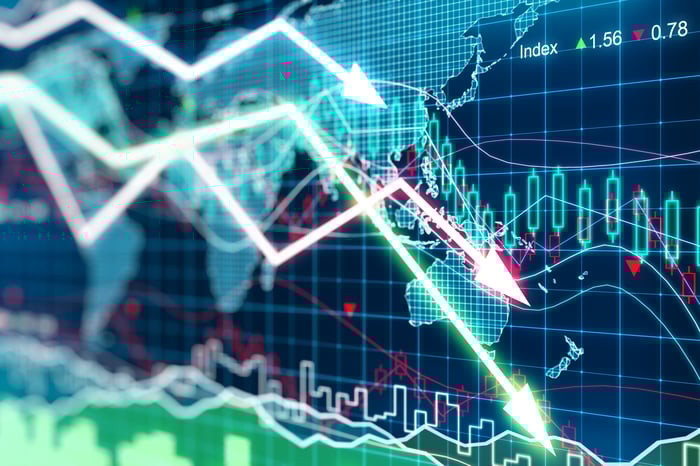 Downward stock graphs on a world map.