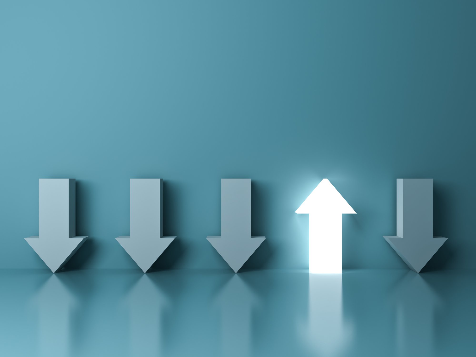 One glowing white arrow pointing up with four blue arrows pointing down