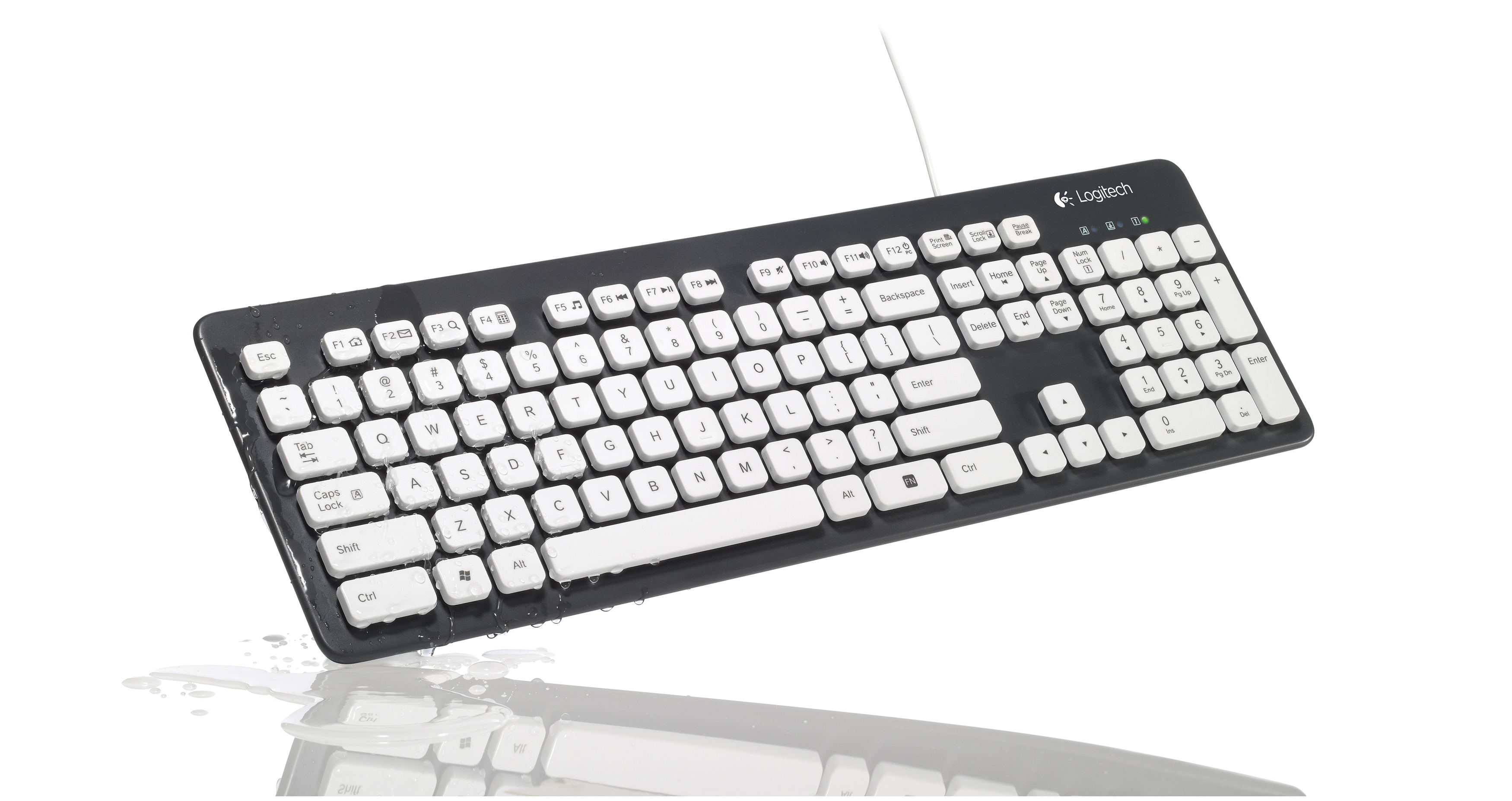 A washable keyboard from Logitech, emerging from water