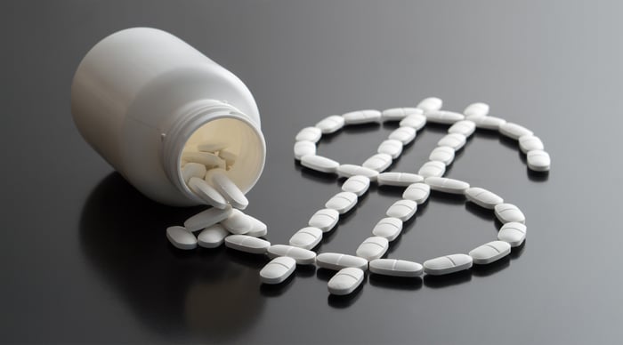 A pill bottle on its side with pills spilling out in the shape of a dollar sign.