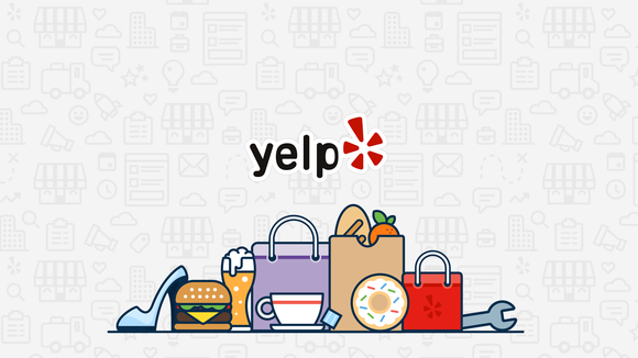 Yelp logo with various animated goods below it, including shoes, foot, shopping bags