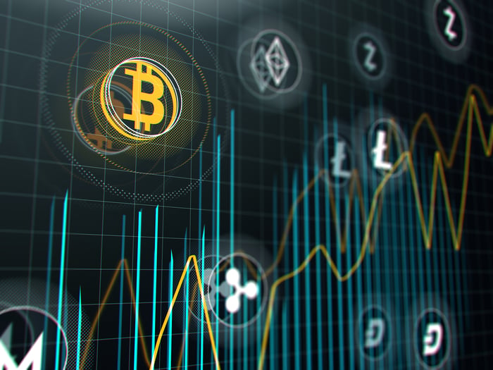 Line graph with various crypocurrency symbols imposed on it