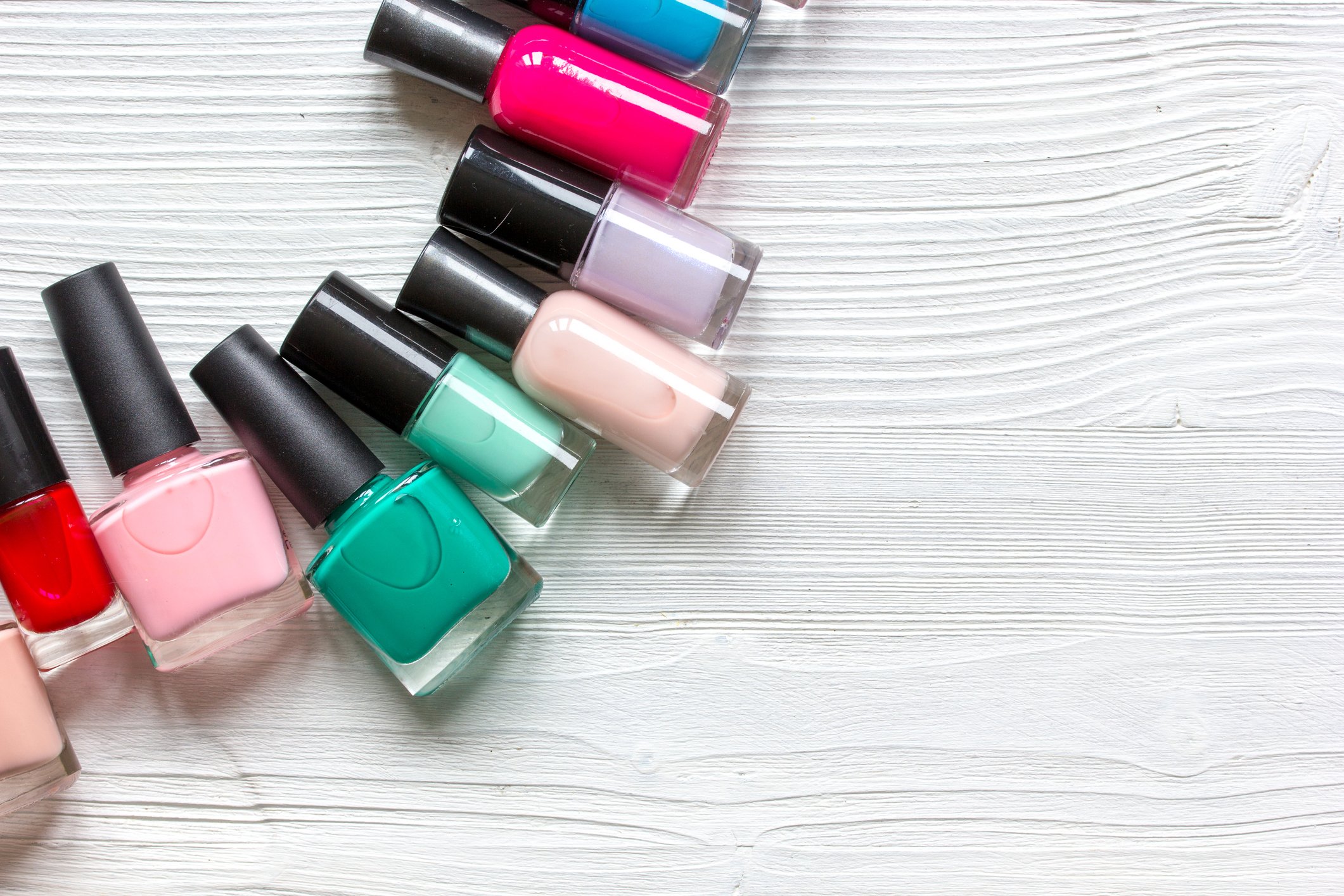 Bottles of different colored nail polish.