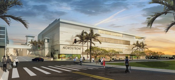 A rendering of a Nordstrom store, with palm trees in the foreground
