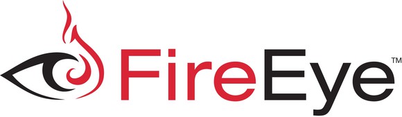 FireEye logo of the left half of an eye in black and a right half of a flame in red.