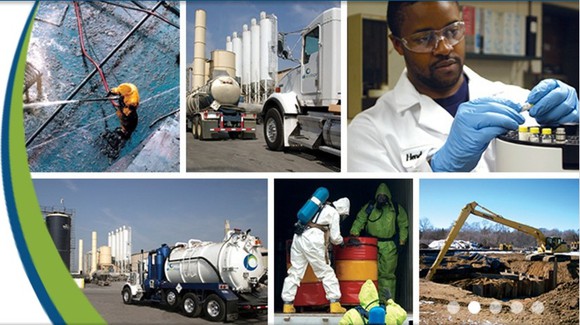 Six pictures within one showing various aspects of the company's business from a landfill site to one of its trucks to a laboratory worker.