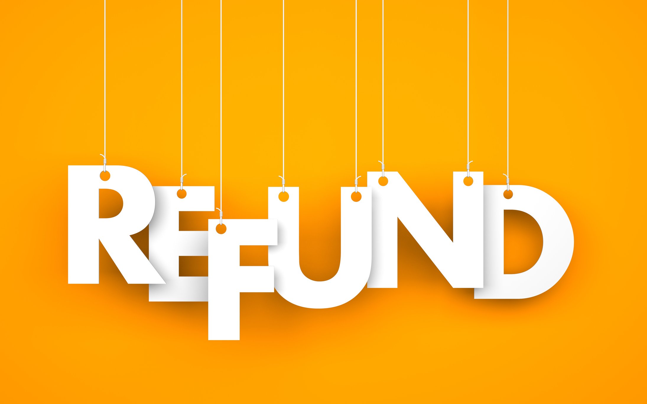 The word refund in white letters on an orange background, with each letter hanging from a string