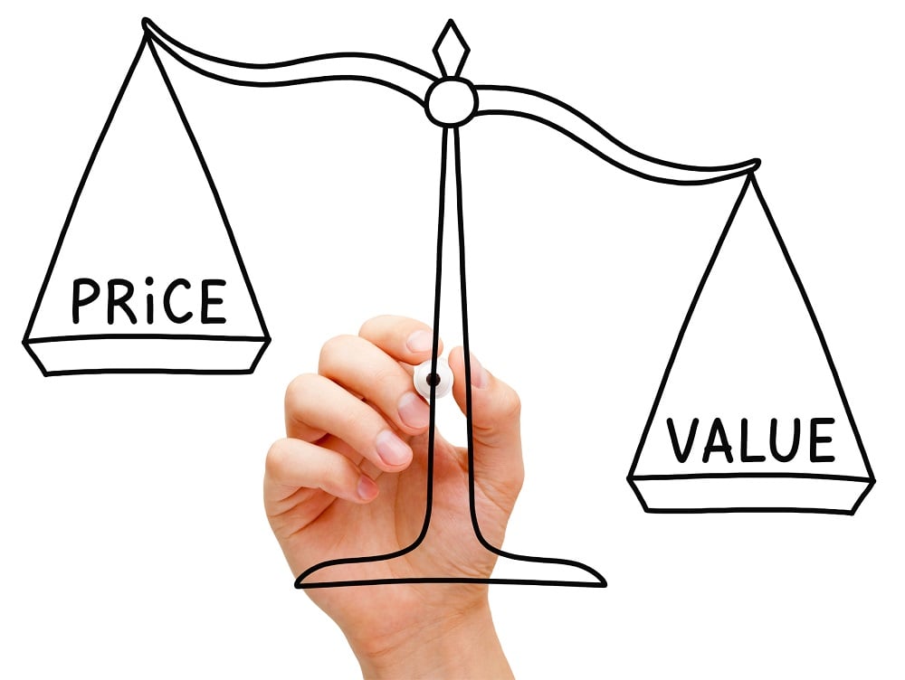 A hand drawing scales with price written on one side and value on the other.