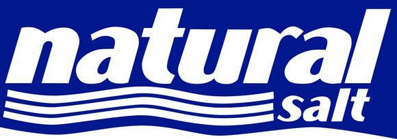 Logo featuring words natural salt in blue with white waves.