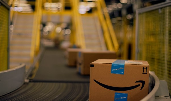 Amazon package on conveyor belt.