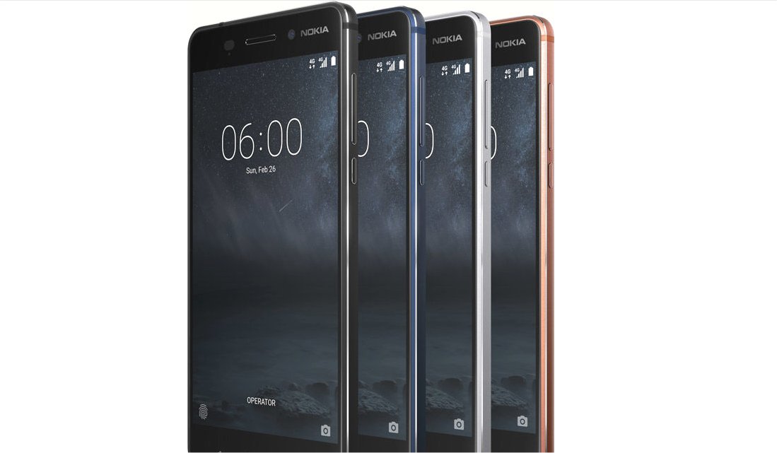 Four Nokia 6 phones stacked upright.