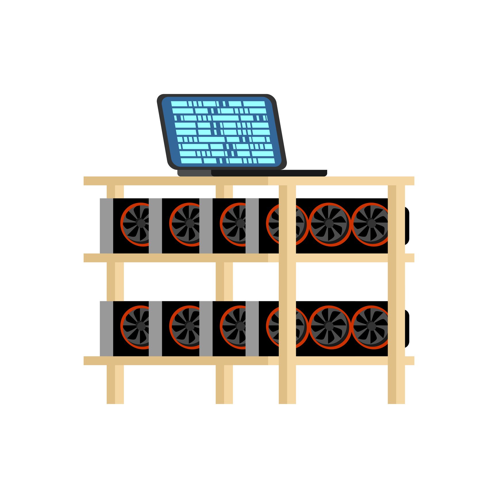GPU cryptocurrency mining rig -- a laptop computer sitting on top of a table with a mining rig underneath showing multiple graphics cards.