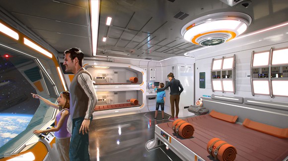 A Star Wars as a spaceship hotel with a man and a girl looking out a big window and a woman and a boy walking around a big bed in the middle with orange blankets and pillows and a bunk bed on the side in the same colors. 