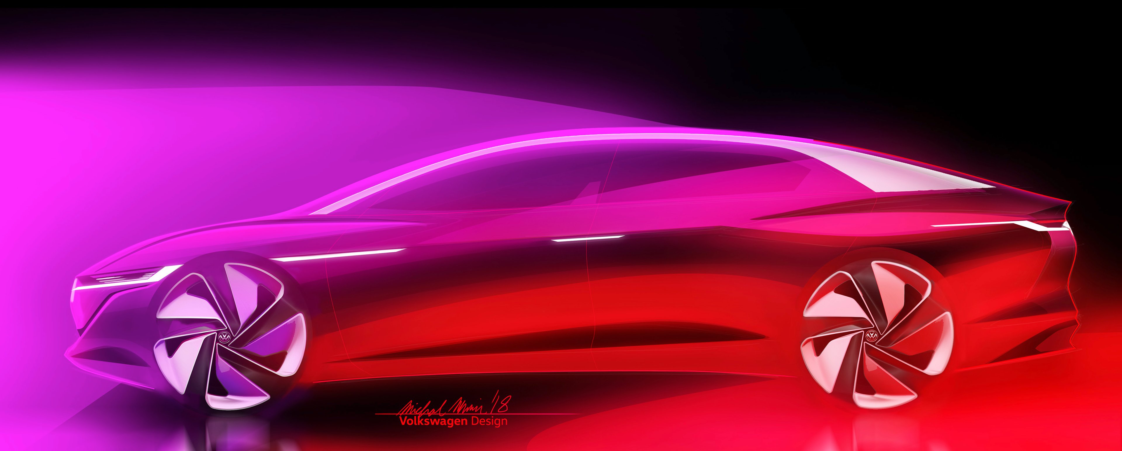 A sketch showing a sleek sedan with a long roofline, suggesting that it will have plenty of headroom in the back seat. 