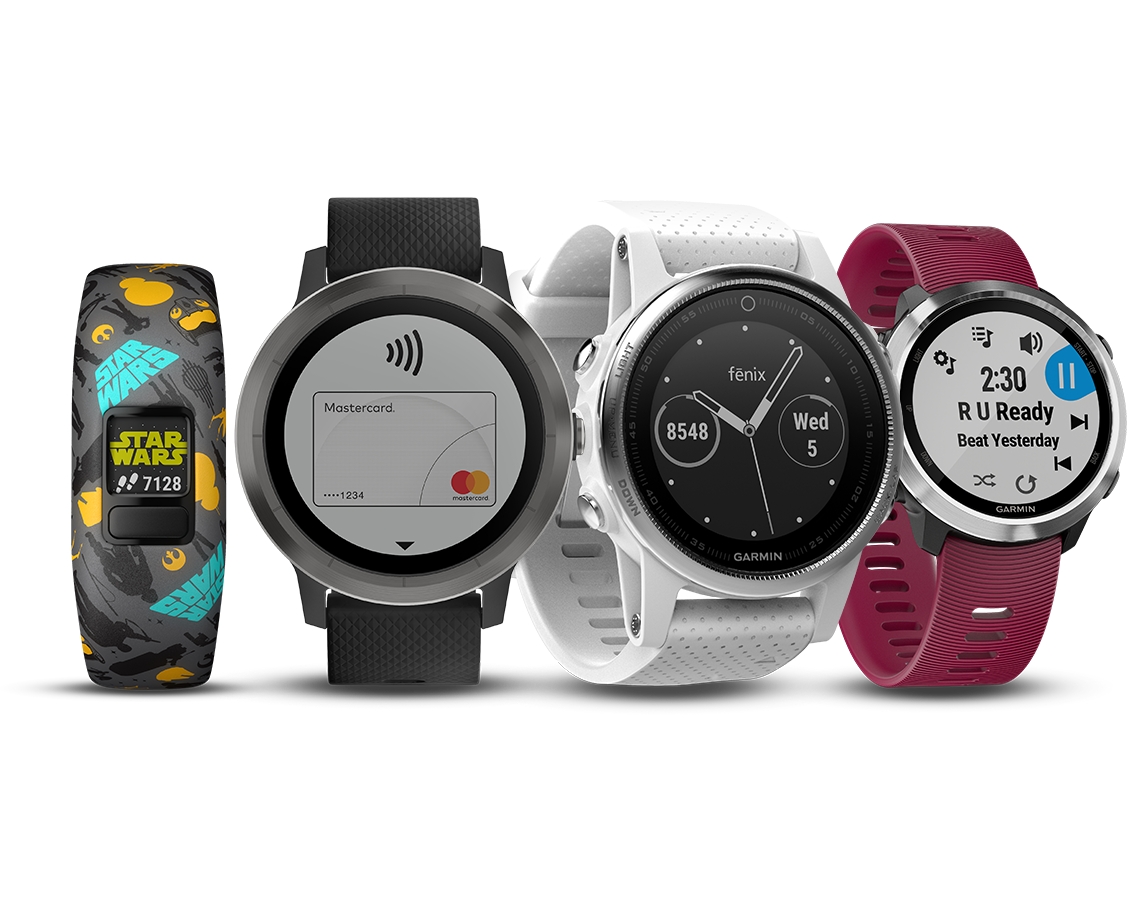 Four Garmin-branded smartwatches and fitness bands.