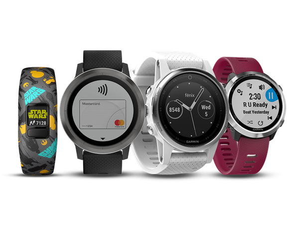 Four Garmin-branded smartwatches and fitness bands.
