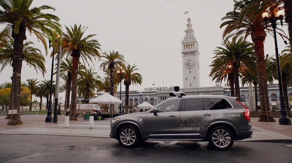 A gray Volvo SUV with visible self-driving sensor hardware and Uber logos parked on a street in San Francisco.