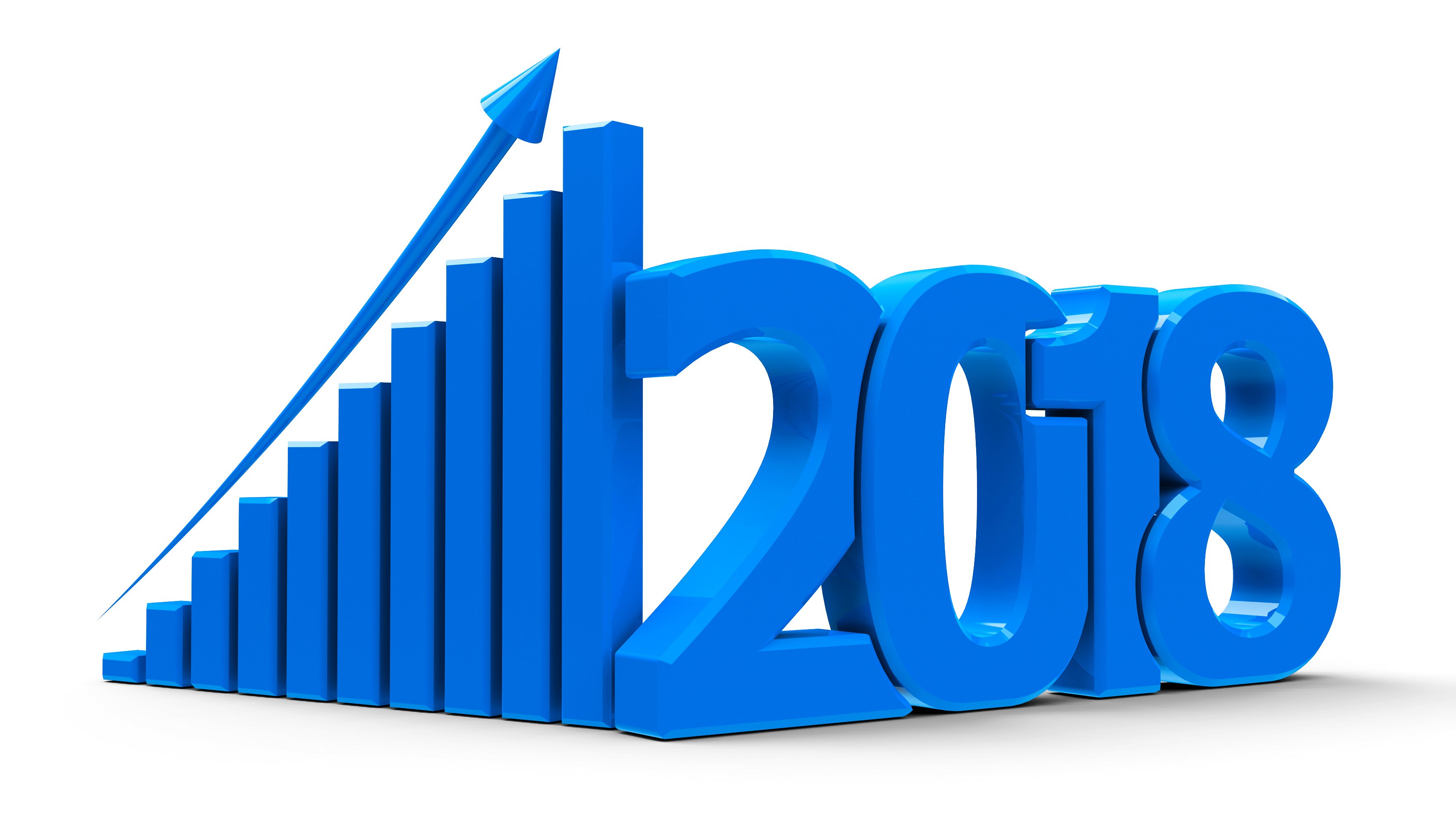 Upward pointing arrow climbing a bar chart next to number 2018