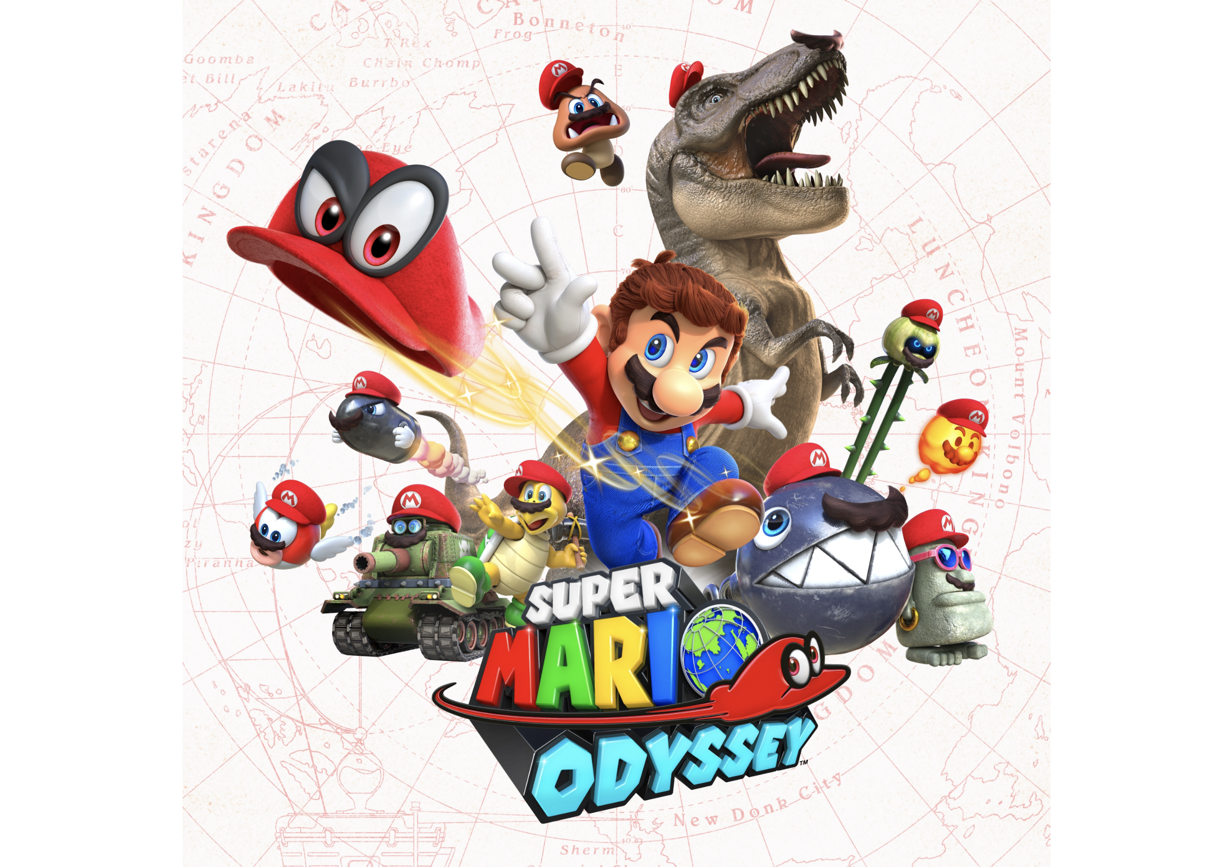 Game art of Nintendo's Super Mario Odyssey depicting different game characters.